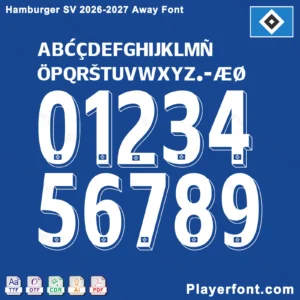 Hamburger SV 2026-2027 away font jersey numbers and alphabet presentation layout with TTF OTF AI CDR PDF formats by Playerfont.