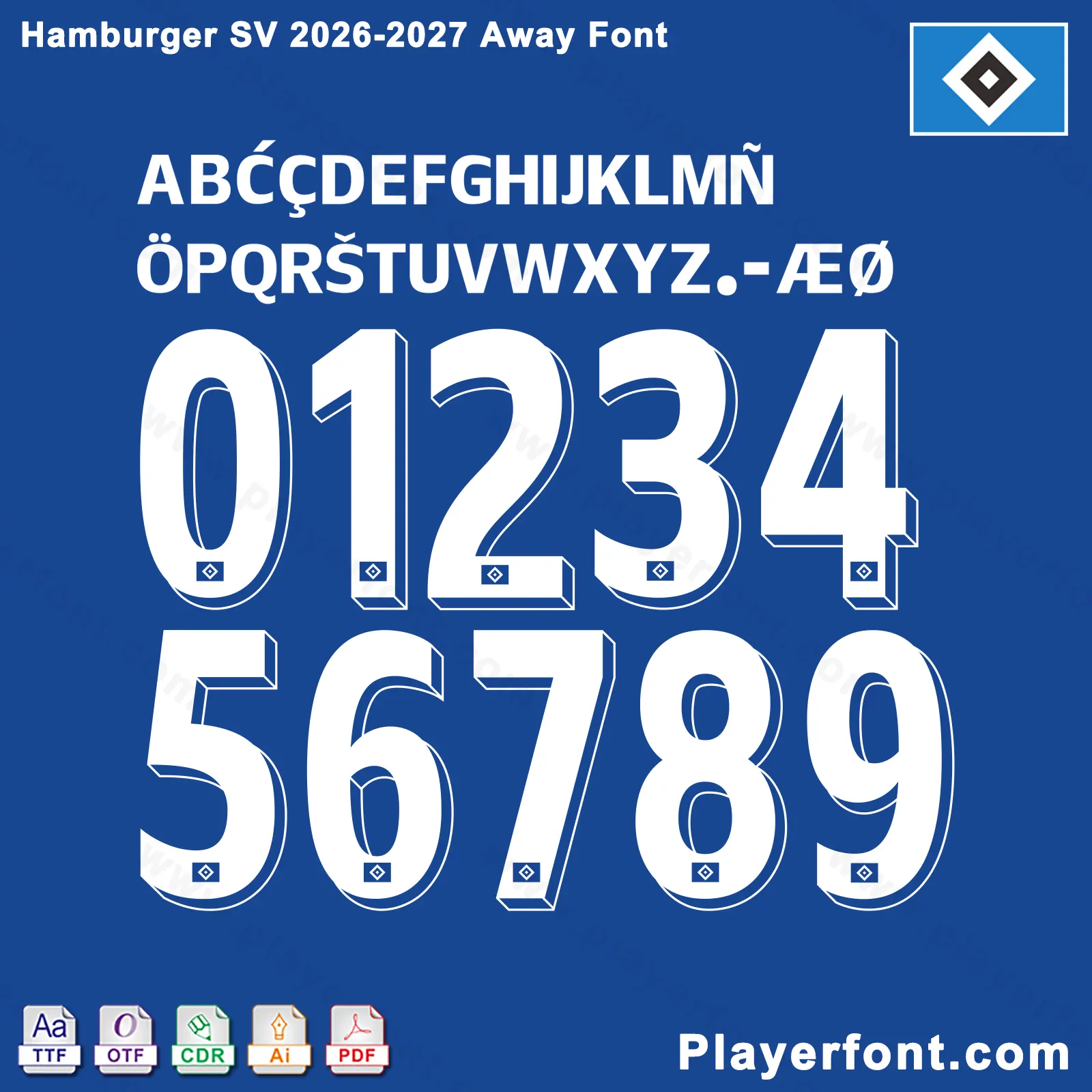 Hamburger SV 2026-2027 away font jersey numbers and alphabet presentation layout with TTF OTF AI CDR PDF formats by Playerfont.