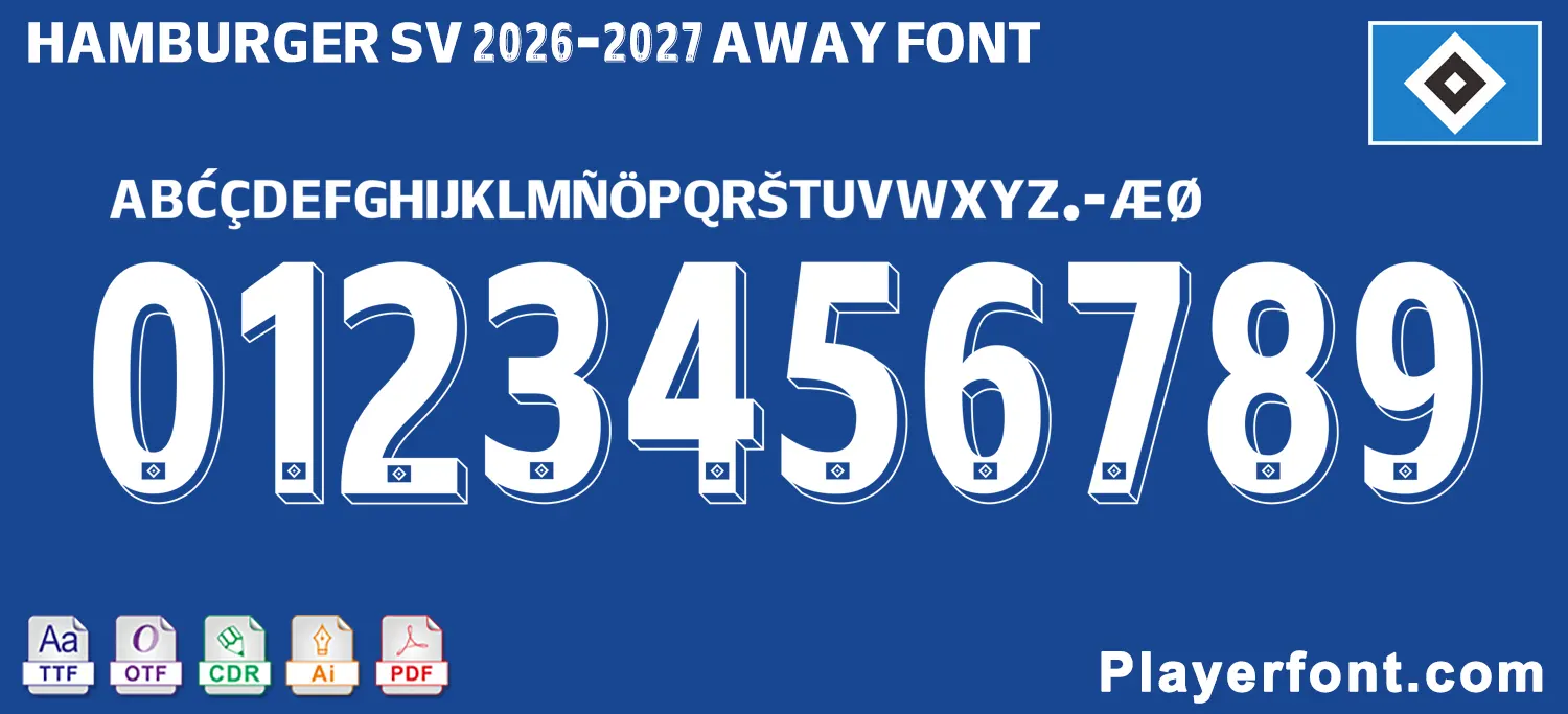 Horizontal vector template banner layout of Hamburger SV 2026-2027 away font alphabet and numbers string.