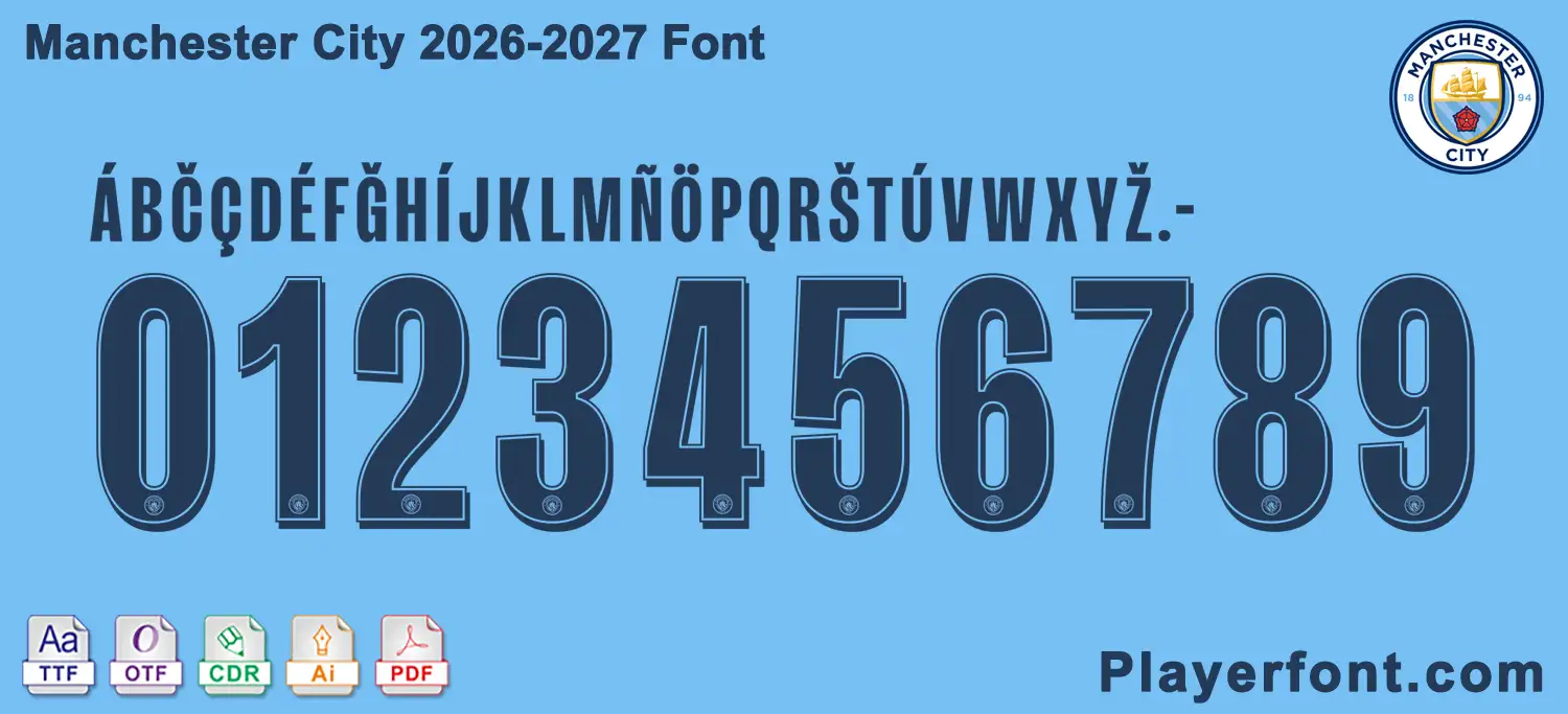 Horizontal vector template banner layout of Manchester City 2026-2027 font alphabet and numbers string.