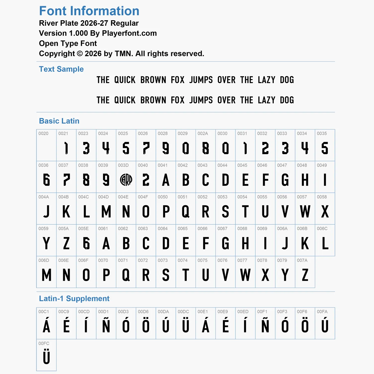 River Plate 2026-2027 font Basic Latin and Latin-1 Supplement glyph map chart for Open Type Font.