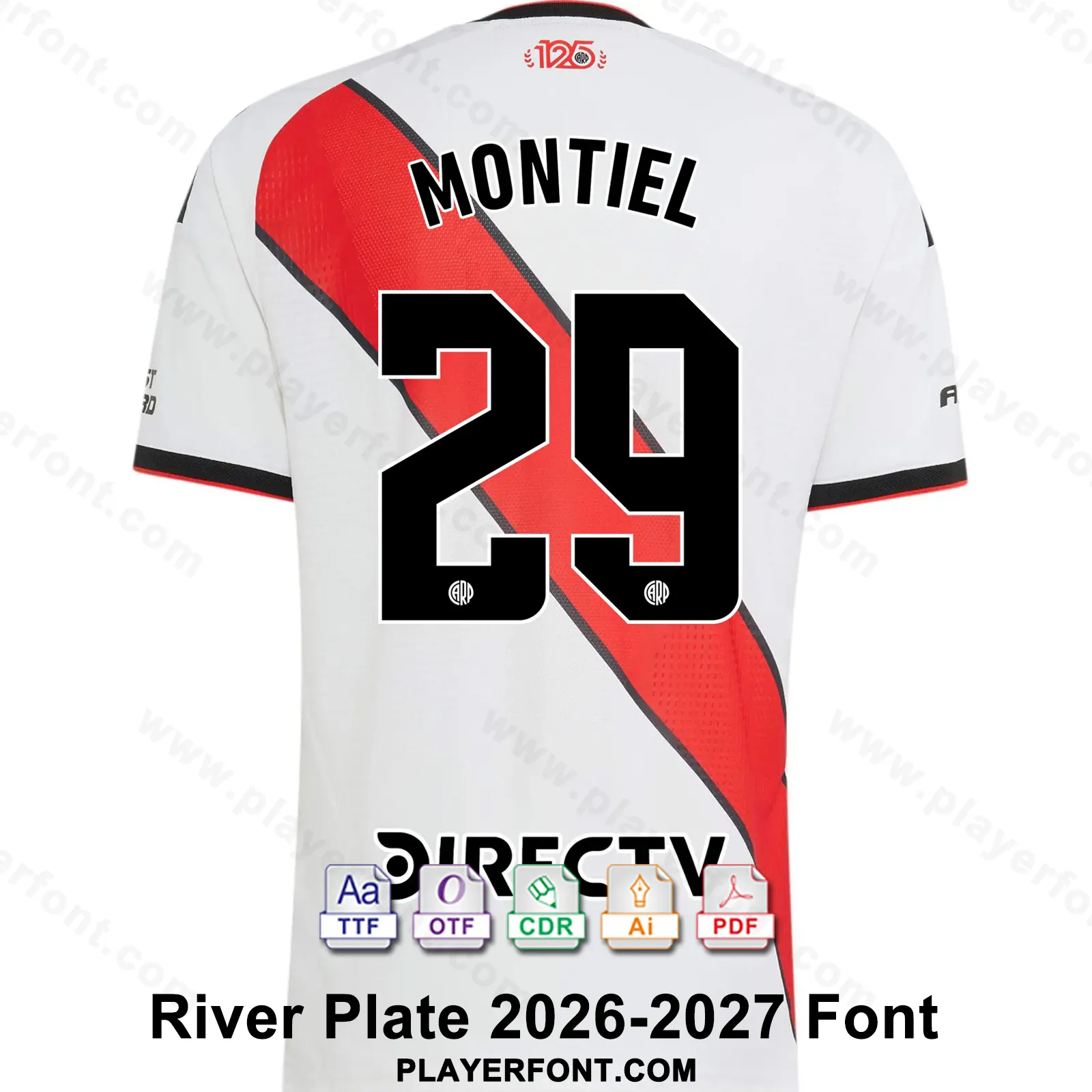 River Plate 2026-2027 home shirt back mockup showing MONTIEL name and solid black number 29 vector font application.