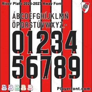 River Plate 2026-2027 Away font jersey numbers and alphabet presentation layout with TTF OTF AI CDR PDF formats by Playerfont.