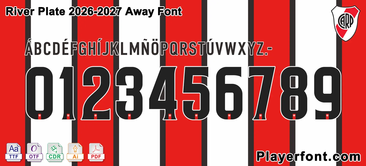 Horizontal vector template banner layout of River Plate 2026-2027 away font alphabet and numbers string.