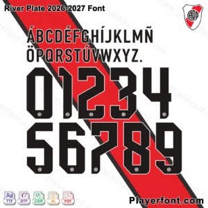 River Plate 2026-2027 font jersey numbers and alphabet presentation layout with TTF OTF AI CDR PDF formats by Playerfont.
