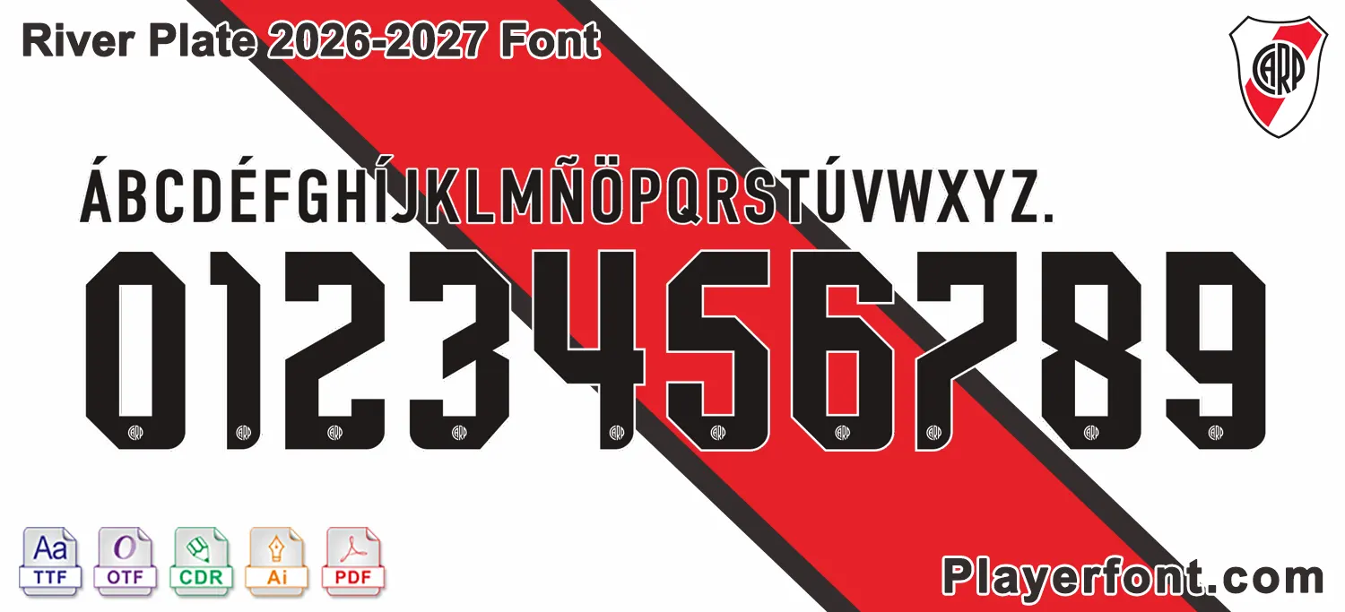 Horizontal vector template banner layout of River Plate 2026-2027 font alphabet and numbers string.