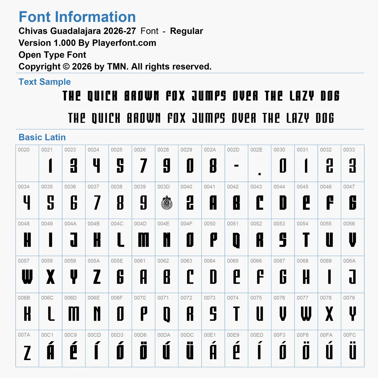 Chivas Guadalajara 2026-2027 font Basic Latin glyph map chart for Open Type Font by Playerfont.com.