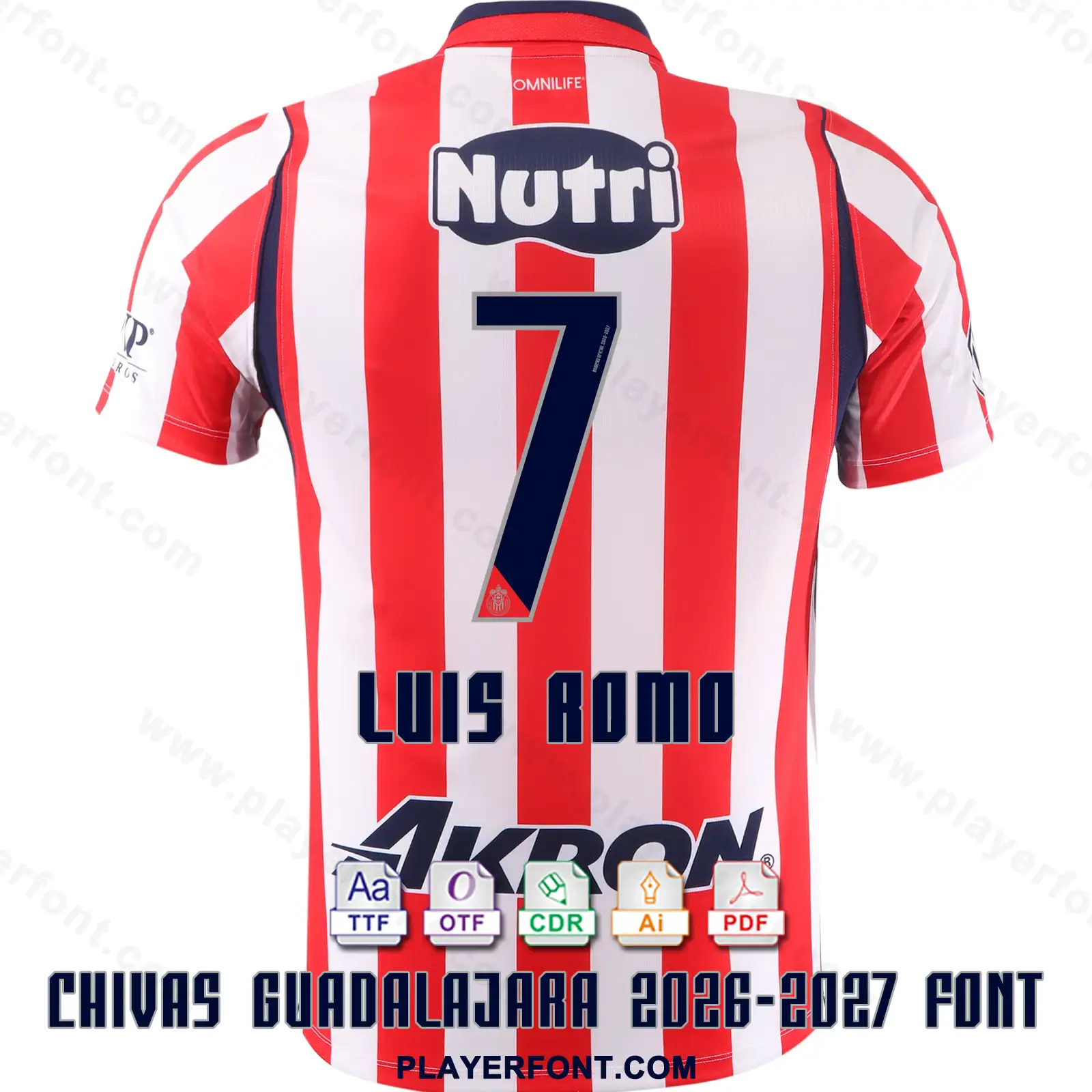 Chivas Guadalajara 2026-2027 home jersey back mockup showing LUIS ROMO name and number 7 vector font application over red and white stripes.