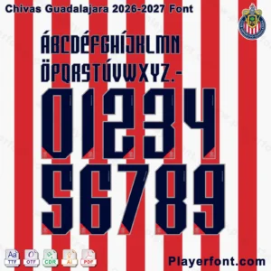 Chivas Guadalajara 2026-2027 font jersey numbers and alphabet presentation layout with TTF OTF AI CDR PDF formats by Playerfont over red and white stripes.