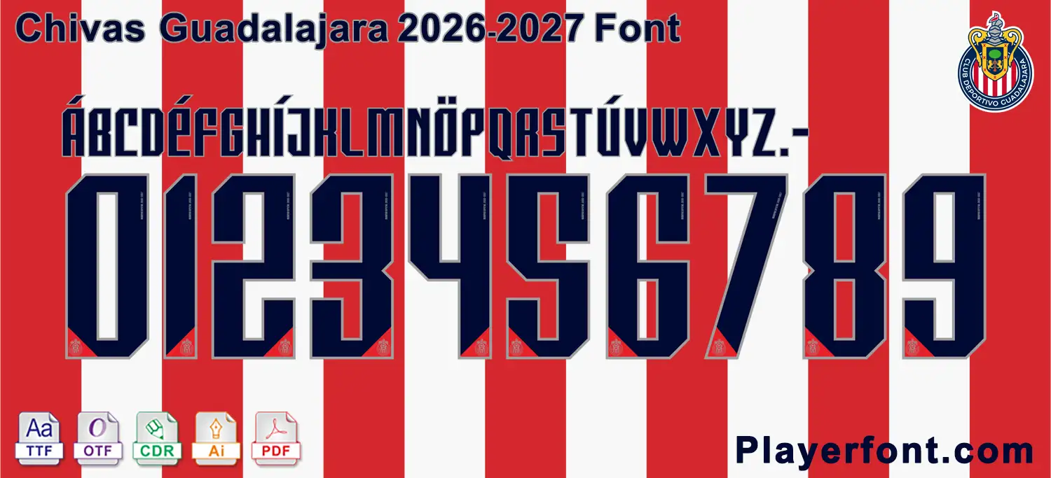 Horizontal vector template banner layout of Chivas Guadalajara 2026-2027 font alphabet and numbers string.