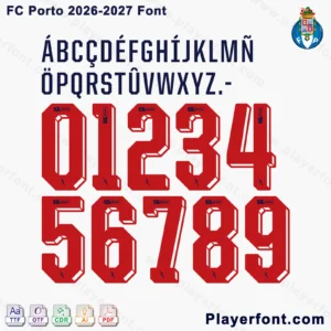 FC Porto 2026-2027 font jersey numbers and alphabet presentation layout with TTF OTF AI CDR PDF formats by Playerfont.