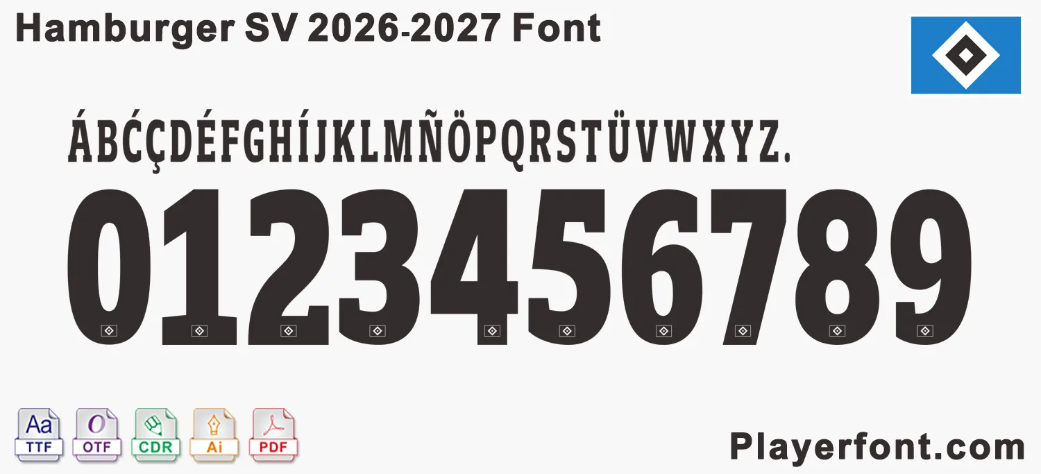 Hamburger SV 2026-2027 font horizontal banner showing black full vector alphabet and numbers string.