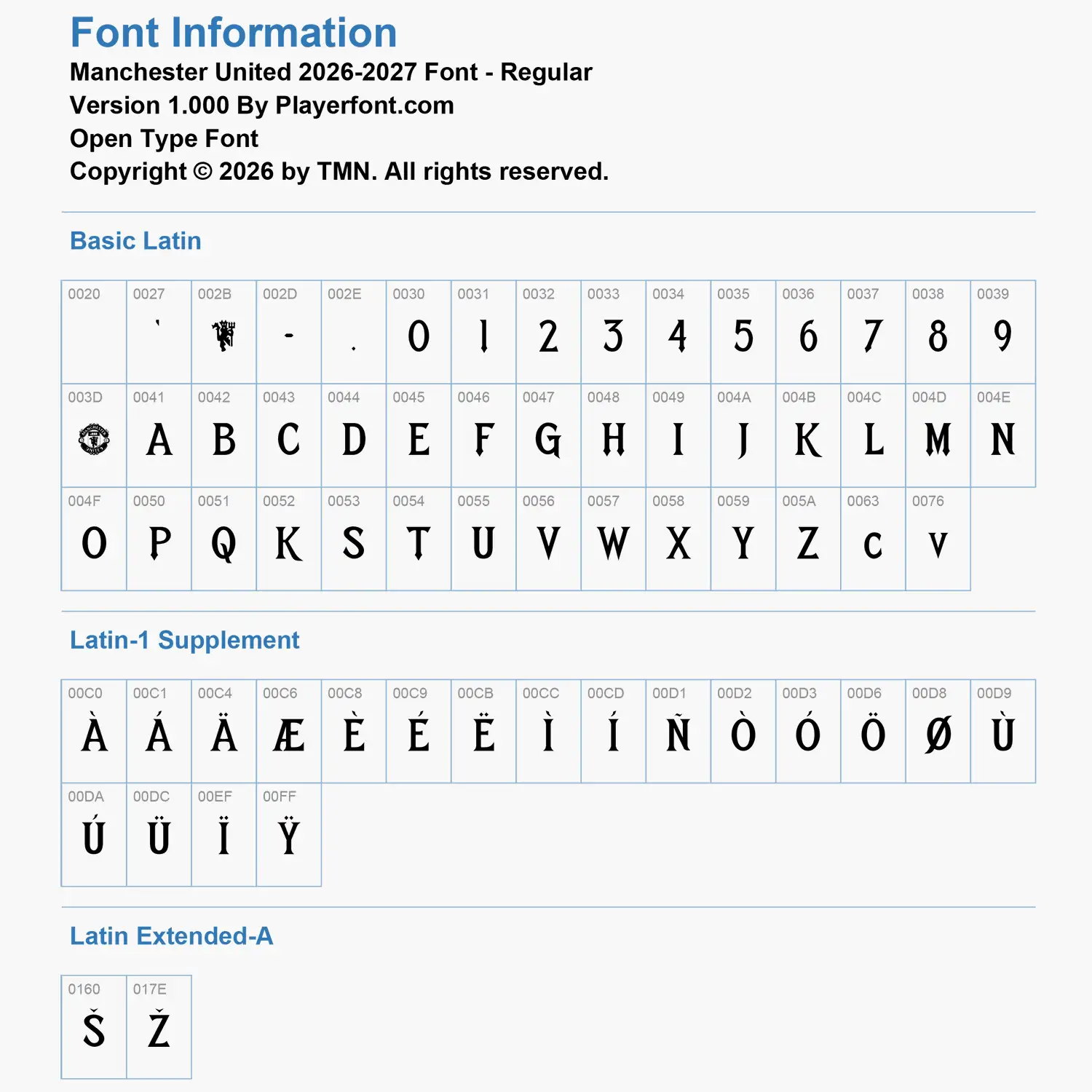 Manchester United 2026-2027 font Basic Latin, Latin-1 Supplement, and Latin Extended-A glyph map chart for Open Type Font.
