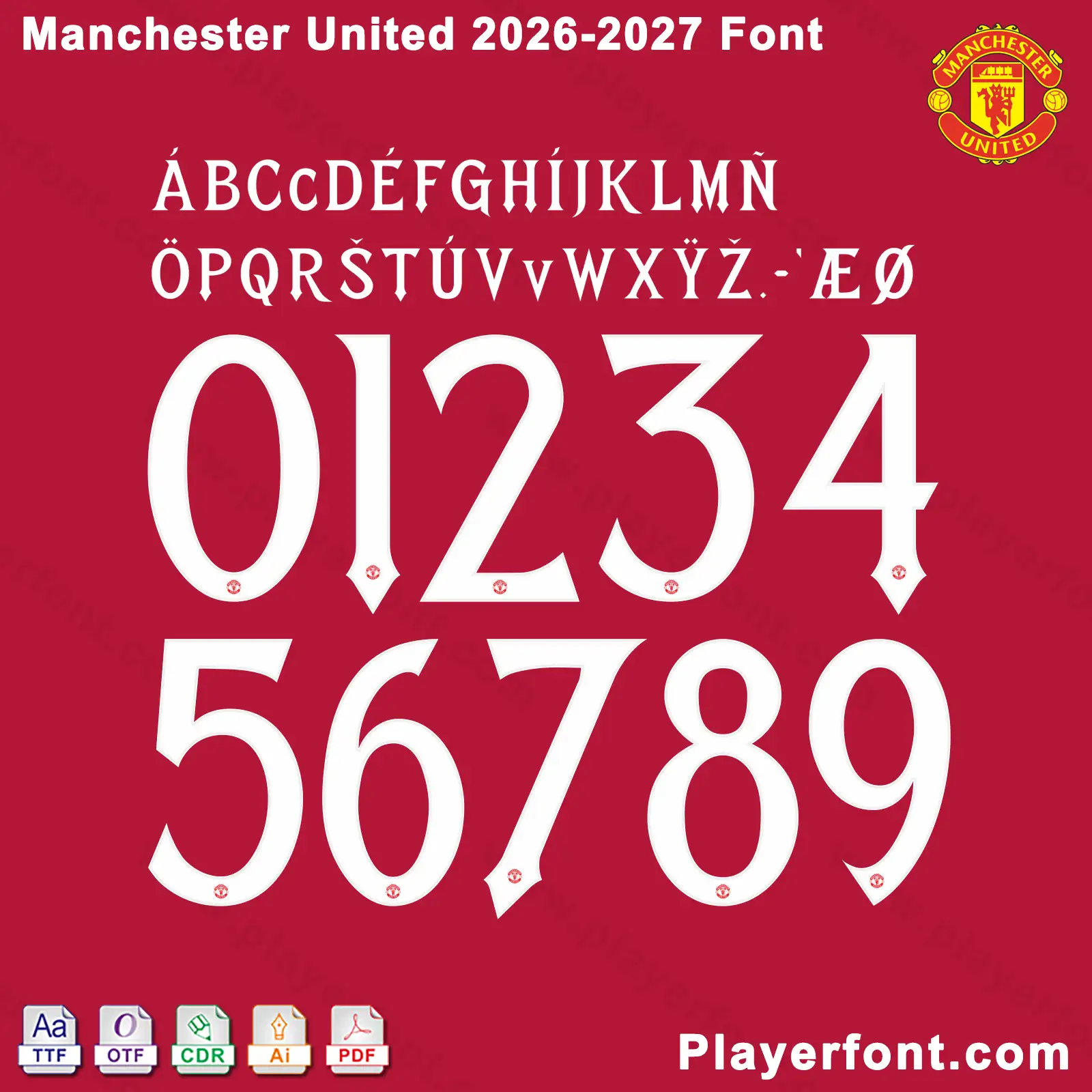 Manchester United 2026-2027 font jersey numbers and alphabet presentation layout with TTF OTF AI CDR PDF formats by Playerfont.