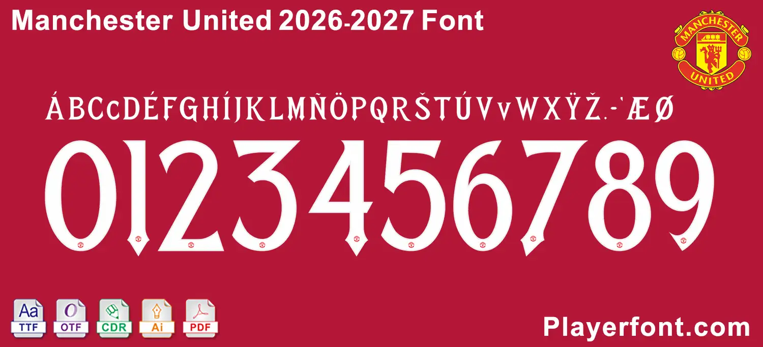 Horizontal vector template banner layout of Manchester United 2026-2027 font alphabet and numbers string.