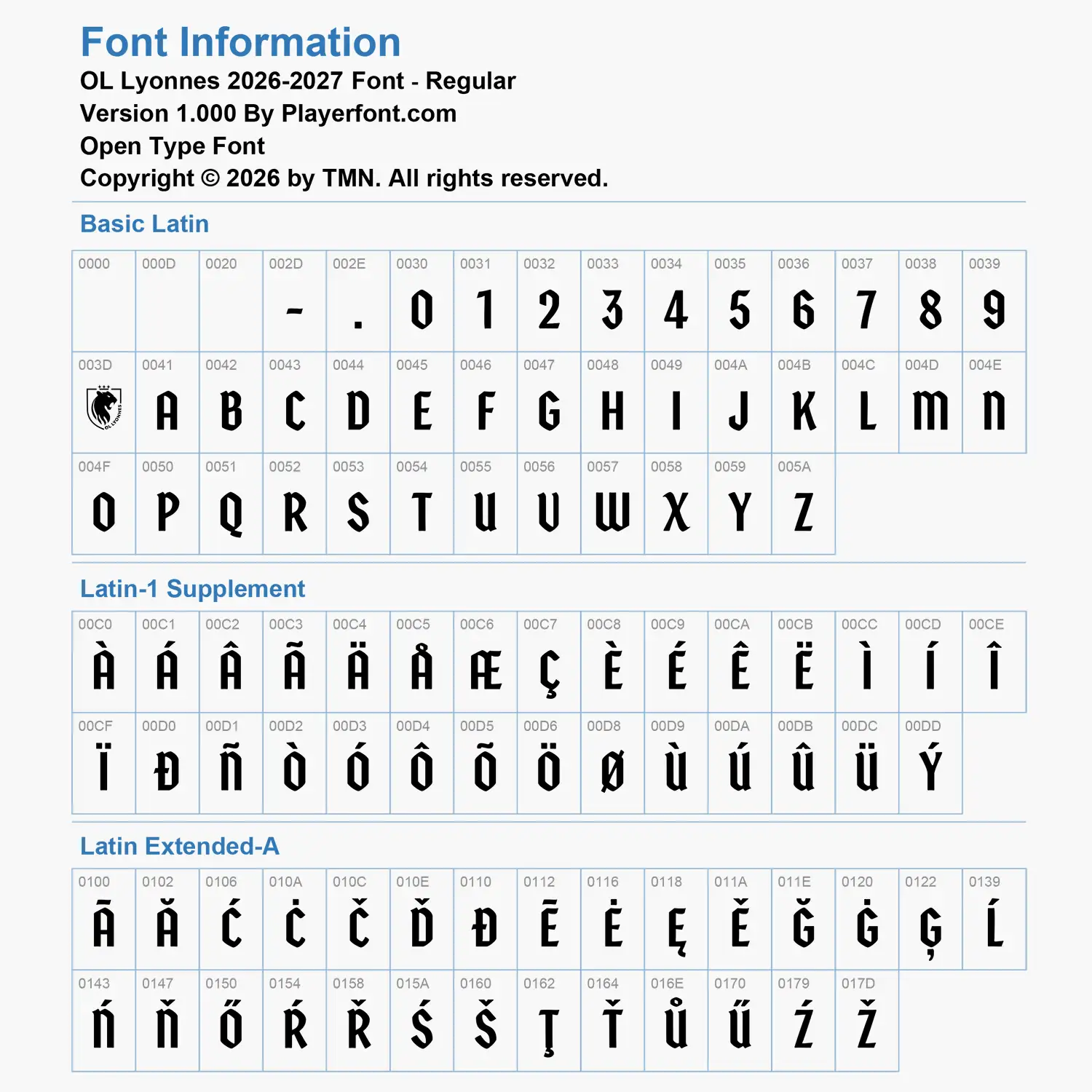 OL Lyonnes 2026-2027 font Basic Latin, Latin-1 Supplement, and Latin Extended-A glyph map chart for Open Type Font.