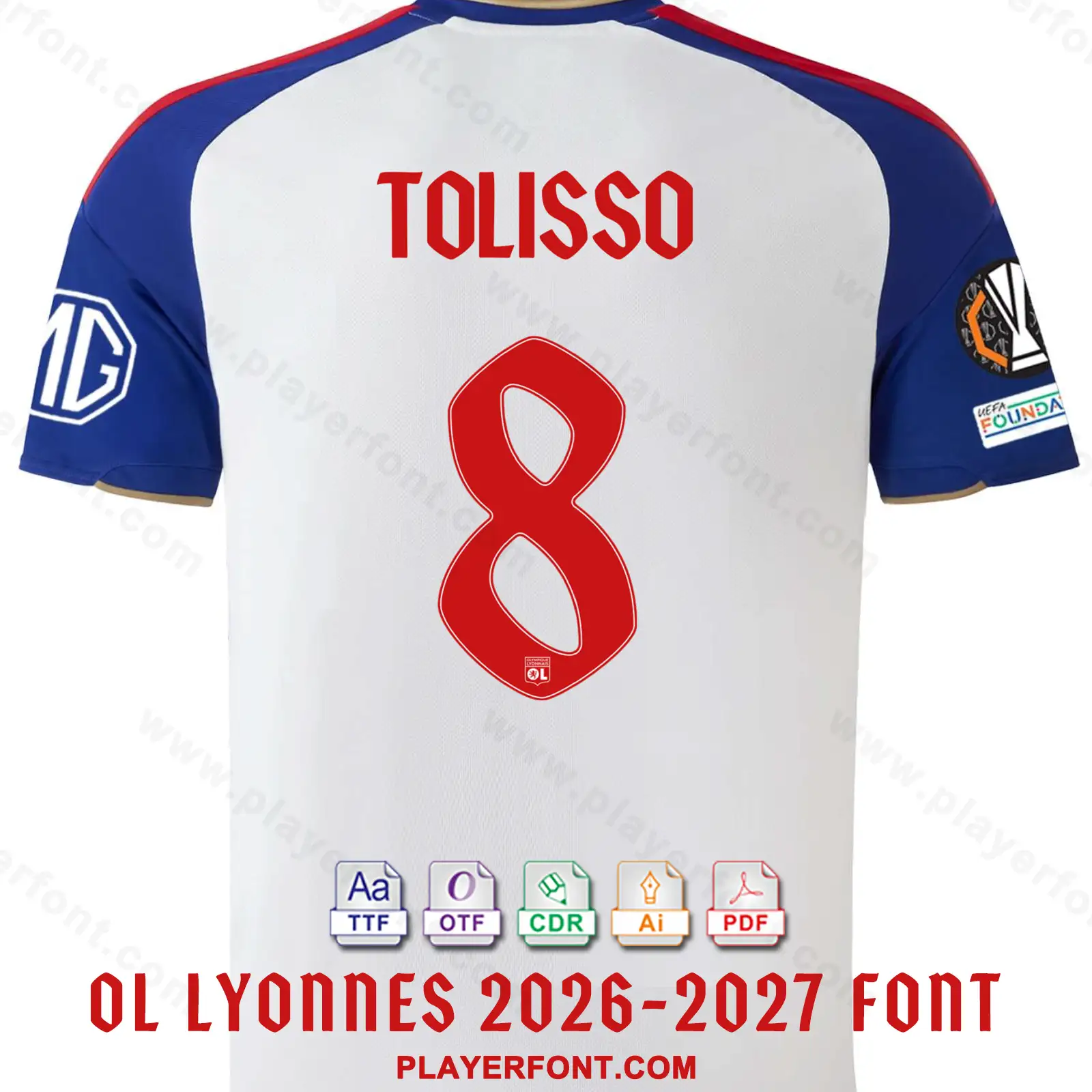 OL Lyonnes 2026-2027 Europe Home shirt back mockup showing TOLISSO name and number 8 vector font application.