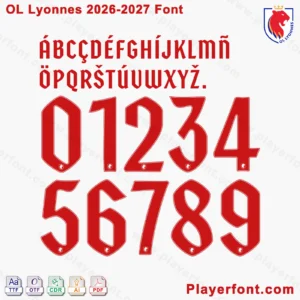 OL Lyonnes 2026-2027 font jersey numbers and alphabet presentation layout with TTF OTF AI CDR PDF formats by Playerfont for Europe Home shirt.