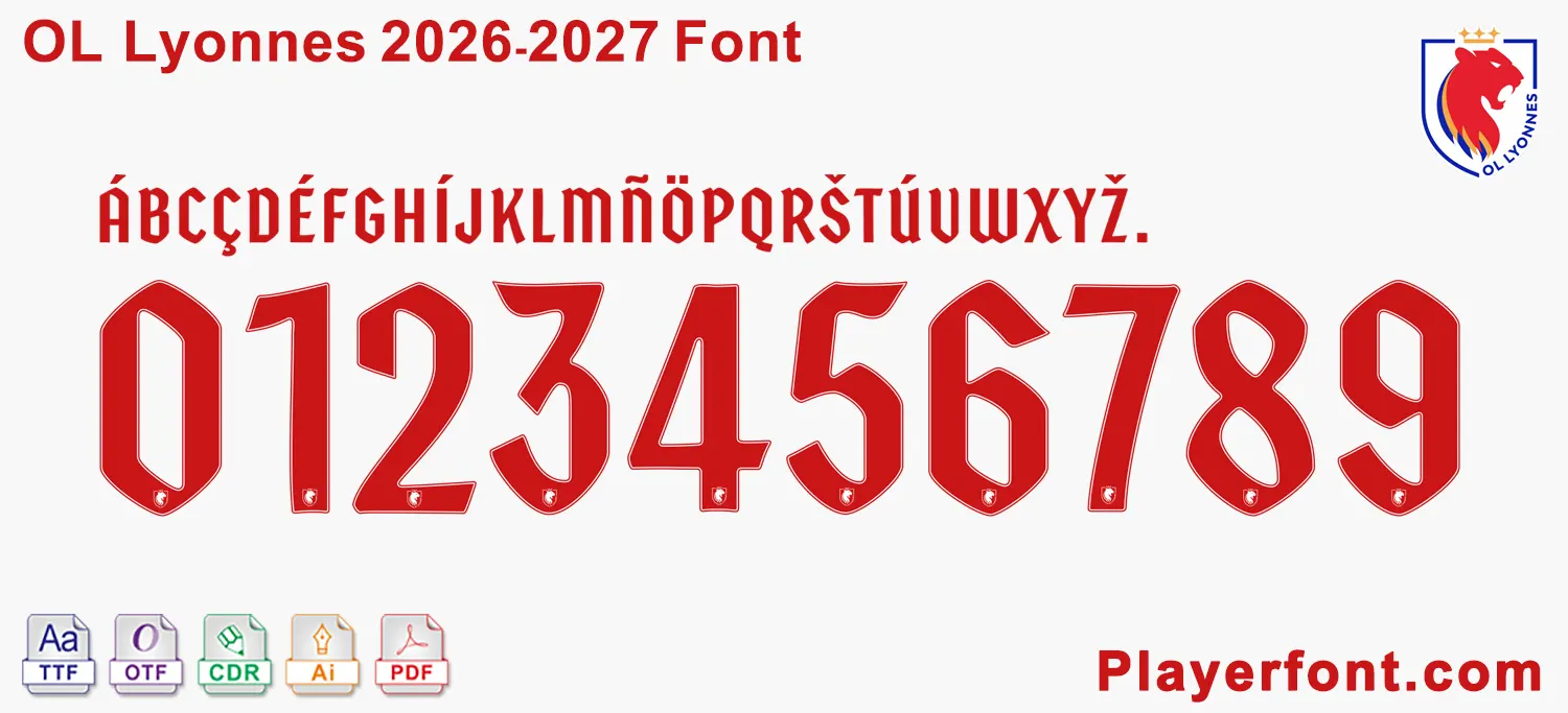 Horizontal vector template banner layout of OL Lyonnes 2026-2027 font alphabet and numbers string.