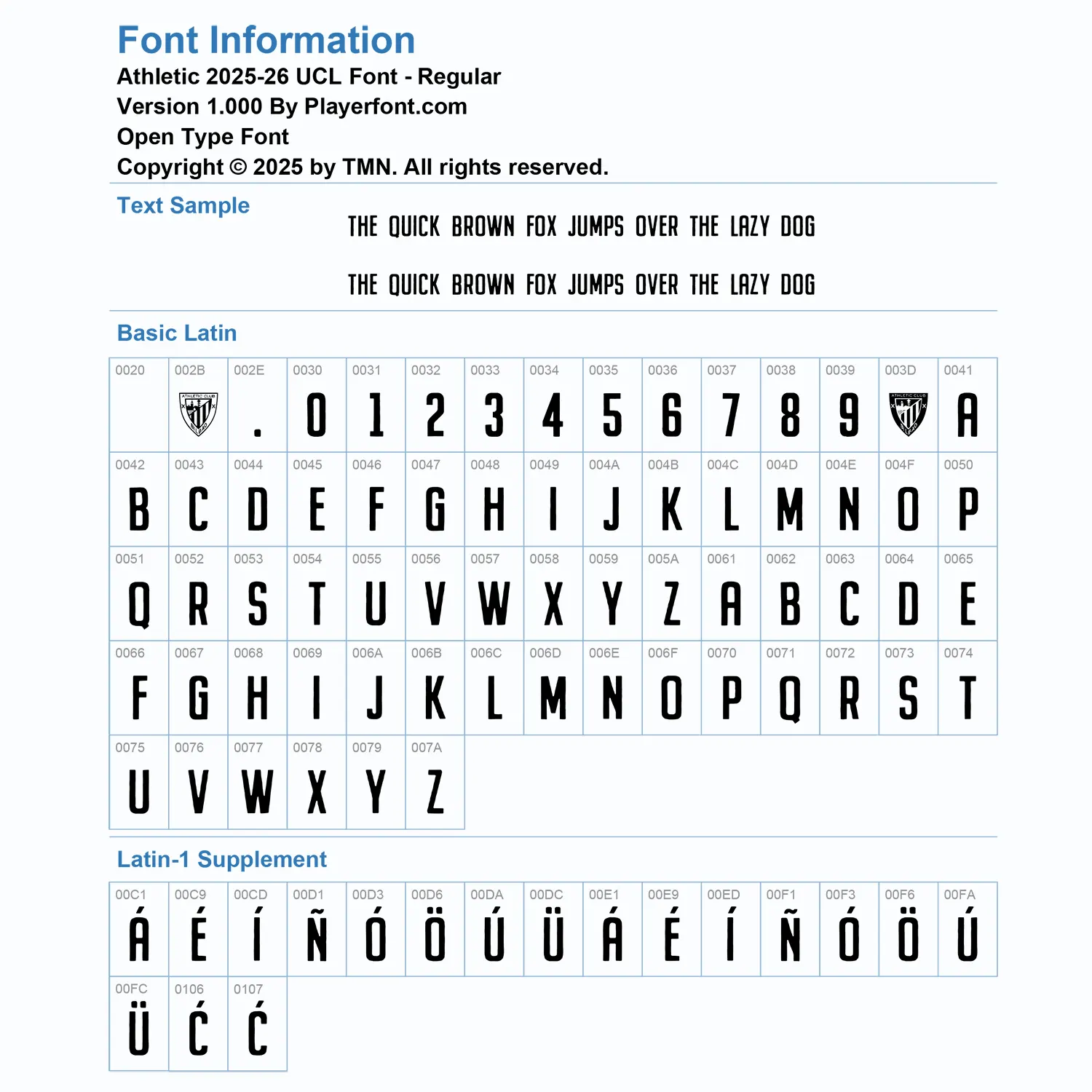 Athletic Bilbao 2025-2026 font Basic Latin and Latin-1 Supplement glyph map chart for Open Type Font by Playerfont.com.
