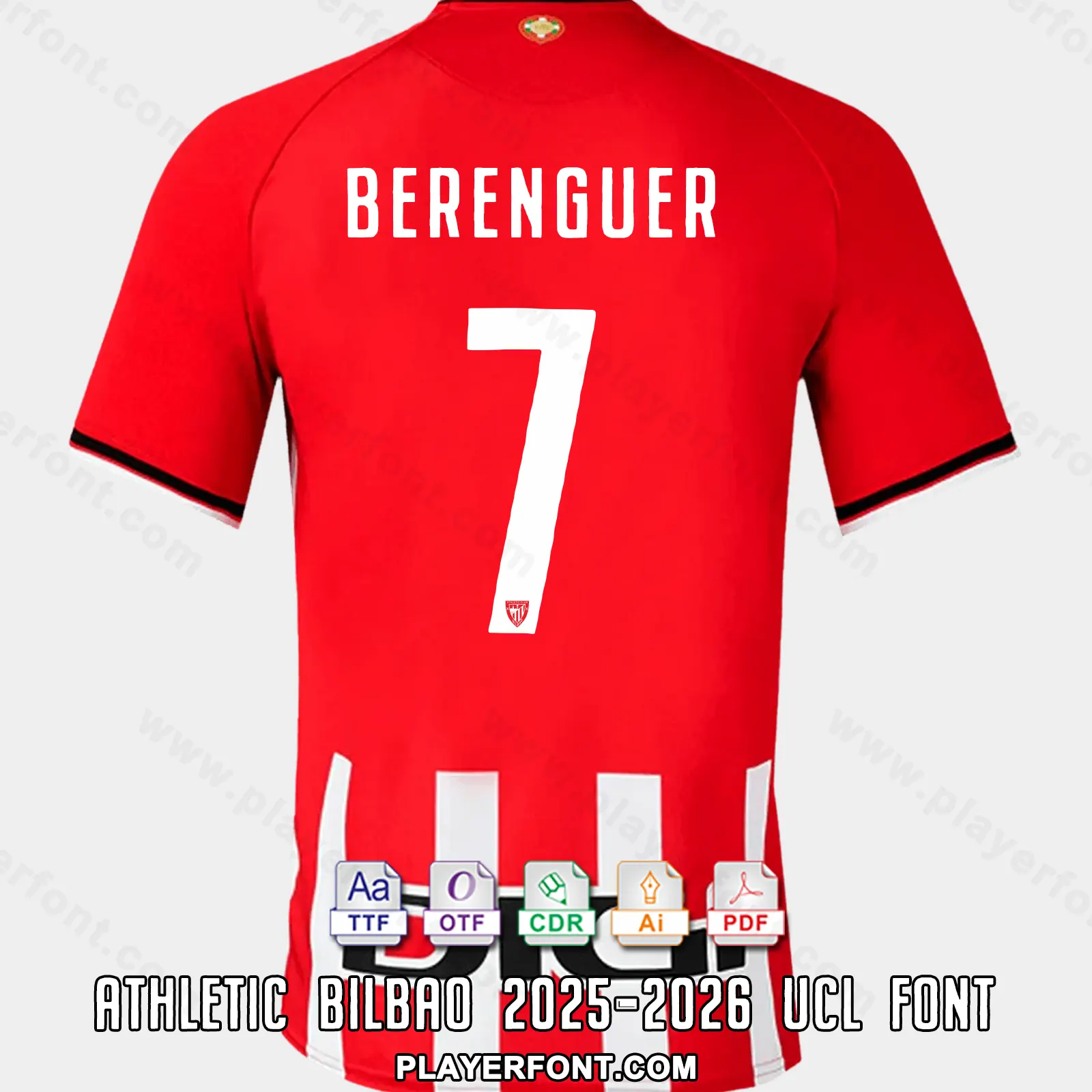 Athletic Bilbao 2025-2026 home shirt back mockup showing BERENGUER name and number 7 vector font application over red kit.
