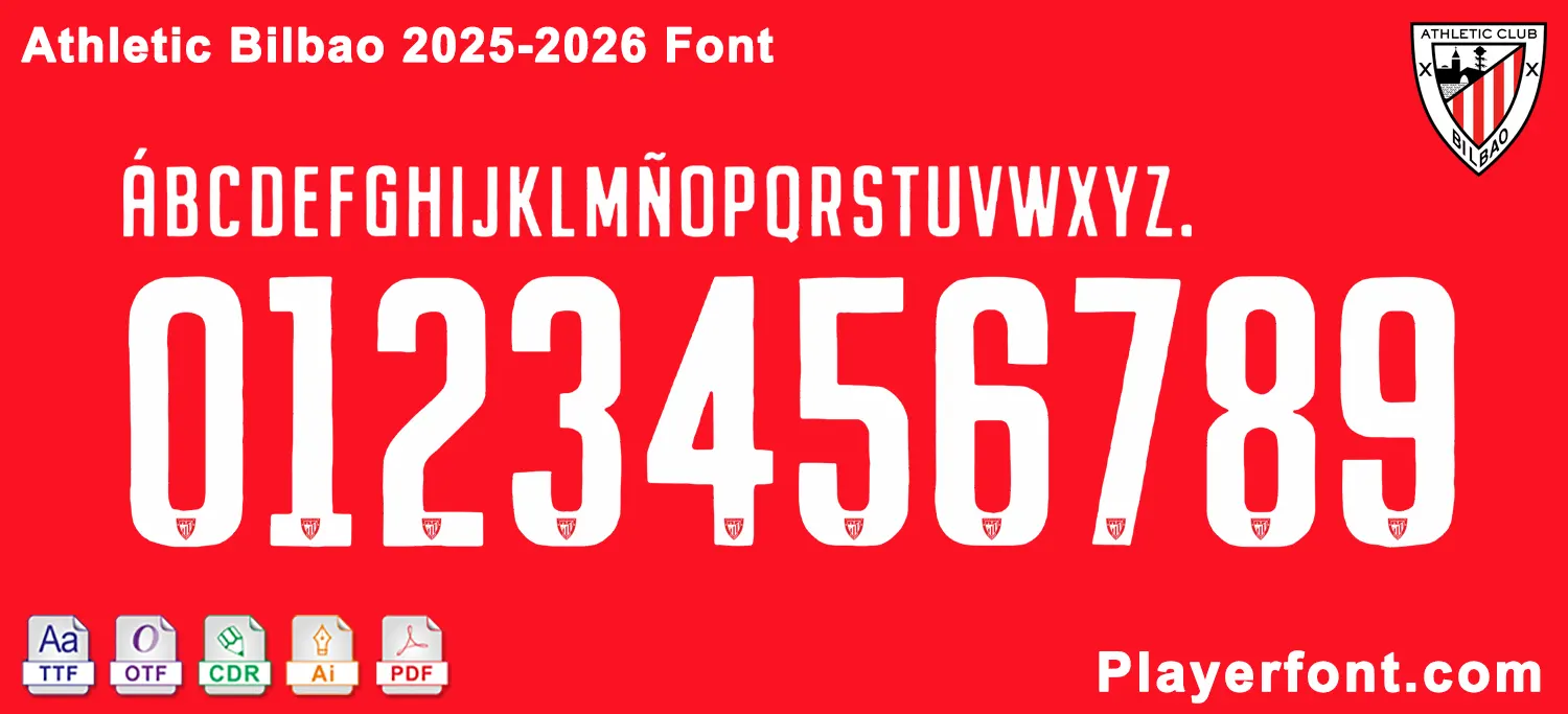 Horizontal vector template banner layout of Athletic Bilbao 2025-2026 font alphabet and numbers string over red background.