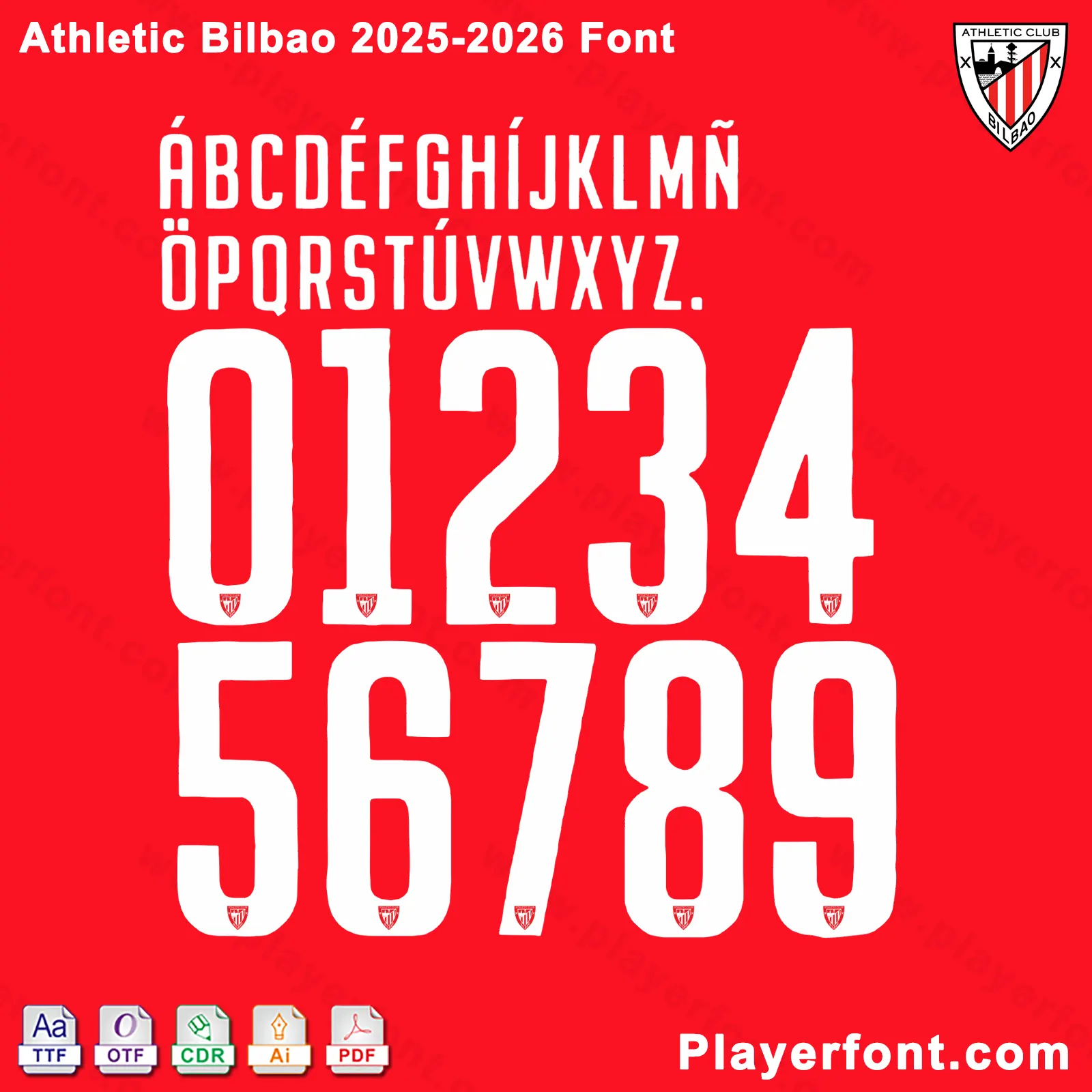 Athletic Bilbao 2025-2026 font jersey numbers and alphabet presentation layout with TTF OTF AI CDR PDF formats by Playerfont over red background.