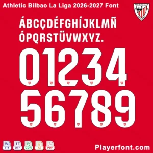 Athletic Bilbao La Liga 2026-2027 font jersey numbers and alphabet presentation layout with TTF OTF AI CDR PDF formats by Playerfont over red background.