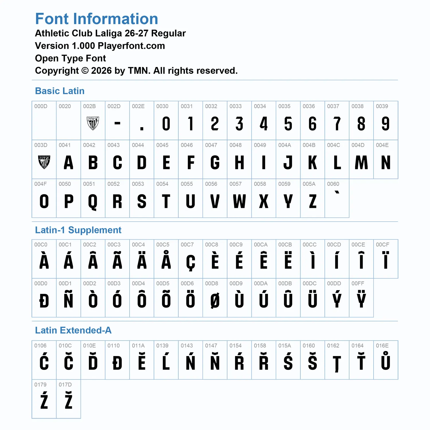 Athletic Bilbao La Liga 2026-2027 font Basic Latin, Latin-1 Supplement, and Latin Extended-A glyph map chart for Open Type Font by Playerfont.com.