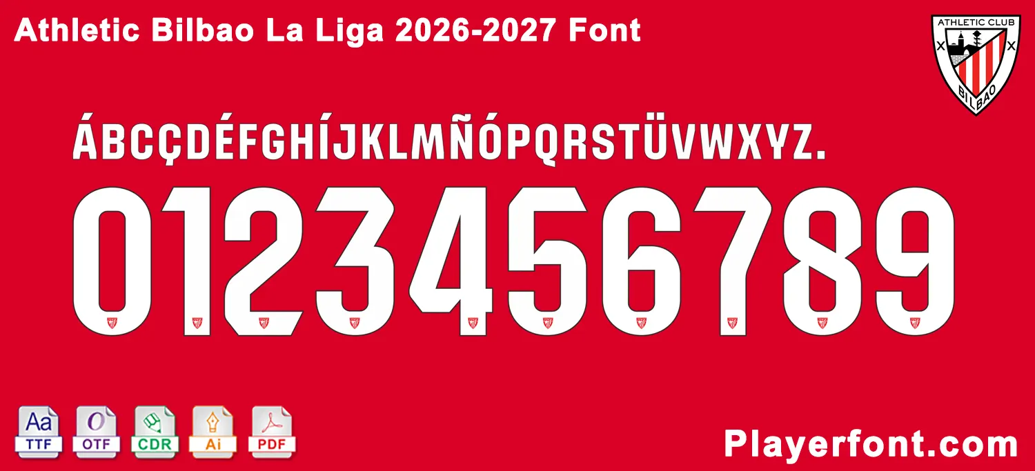 Horizontal vector template banner layout of Athletic Bilbao La Liga 2026-2027 font alphabet and numbers string over red background.