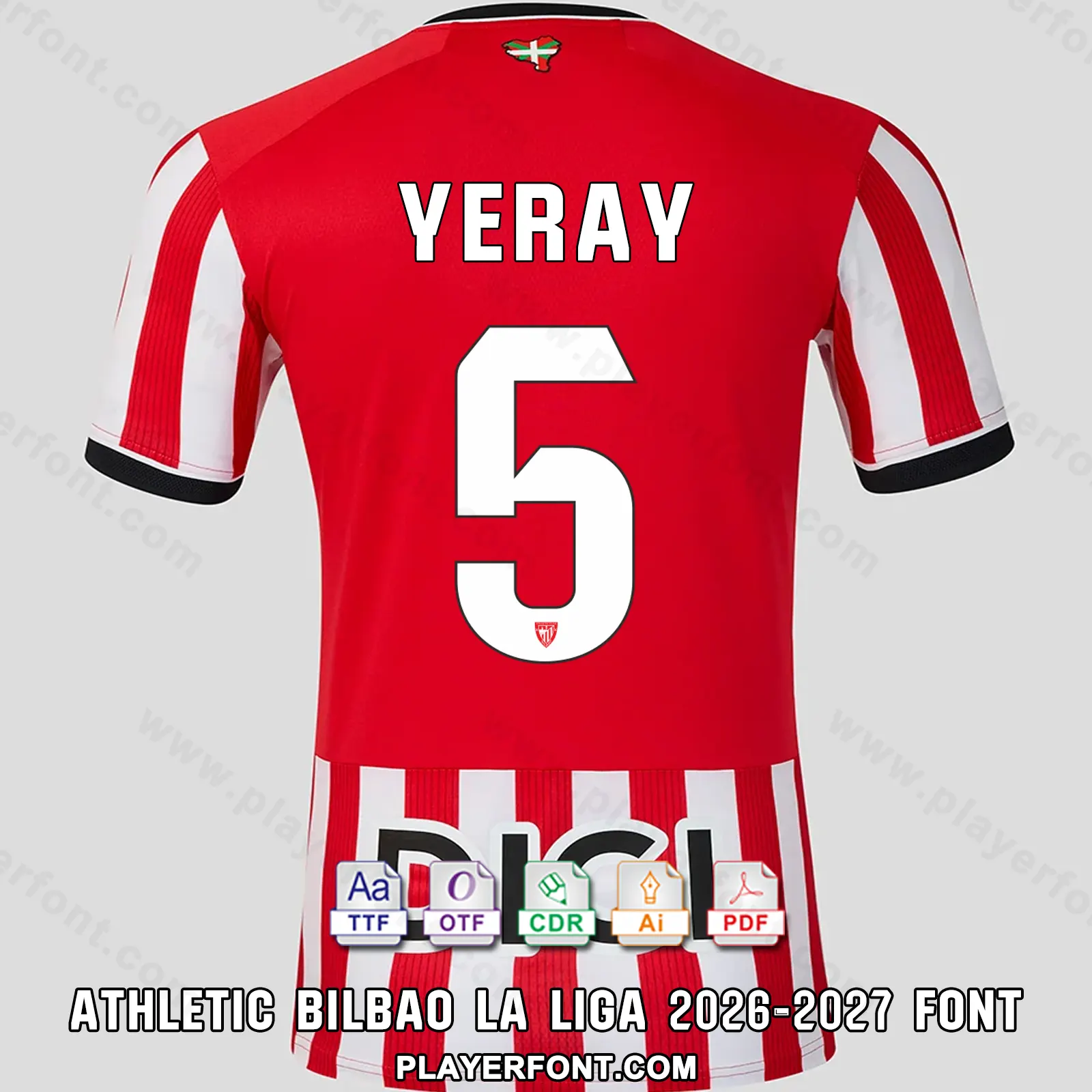 Athletic Bilbao La Liga 2026-2027 home shirt back mockup showing YERAY name and number 5 vector font application over red kit.