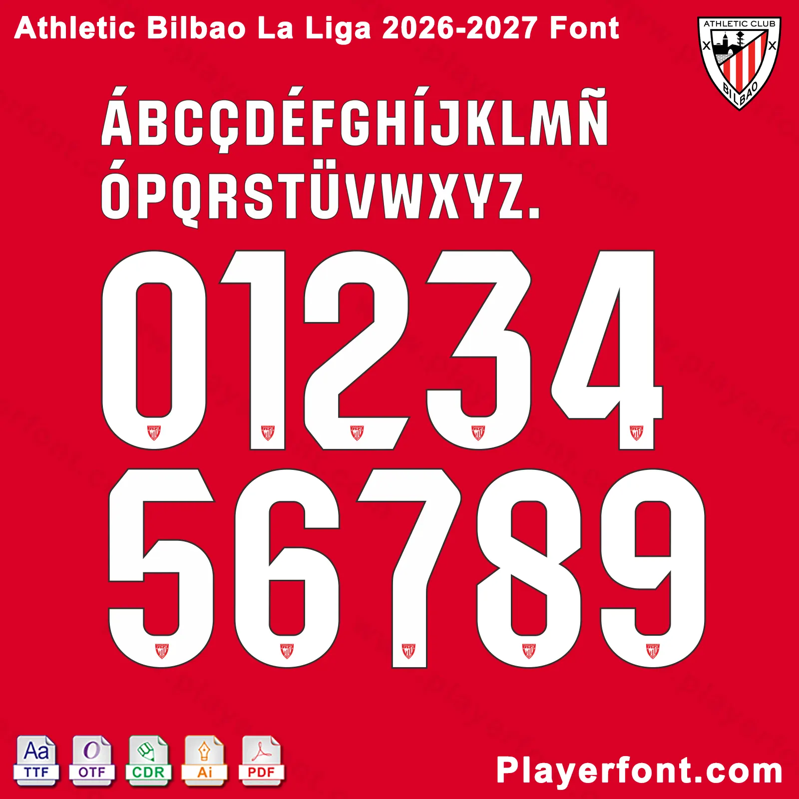 Athletic Bilbao La Liga 2026-2027 font jersey numbers and alphabet presentation layout with TTF OTF AI CDR PDF formats by Playerfont over red background.