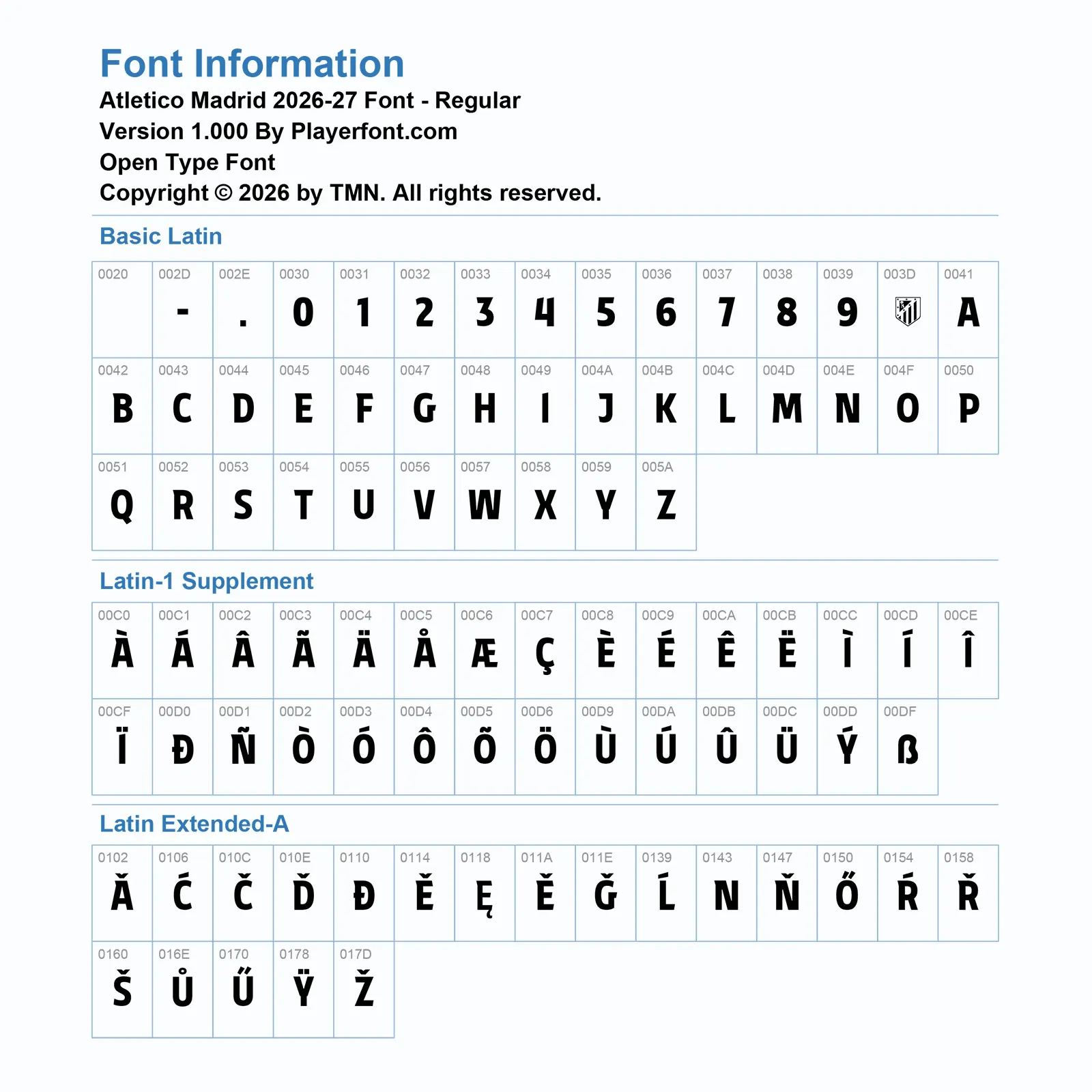Atletico Madrid 2026-2027 font Basic Latin, Latin-1 Supplement, and Latin Extended-A glyph map chart for Open Type Font by Playerfont.com.