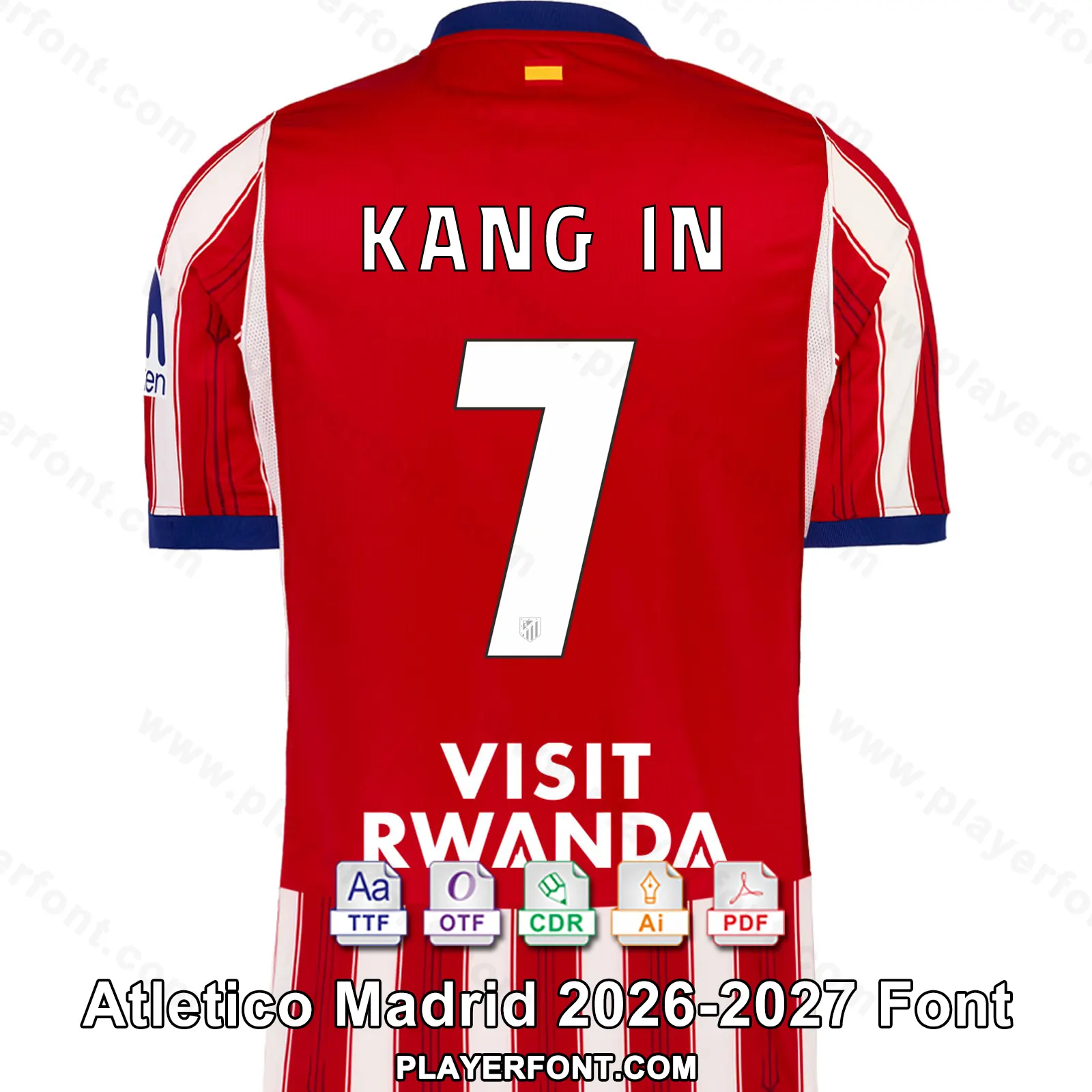 Atletico Madrid 2026-2027 home shirt back mockup showing KANG IN name and number 7 vector font application over red kit.