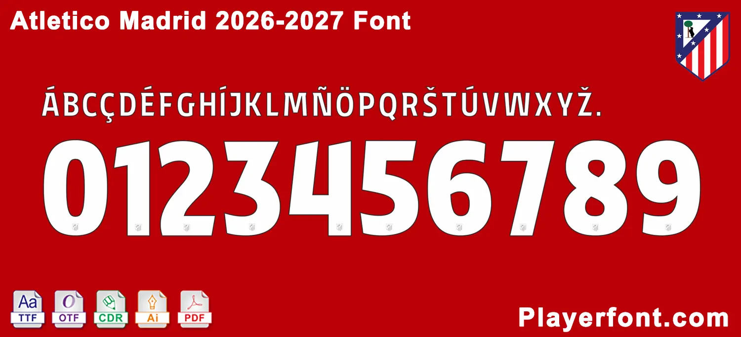 Horizontal vector template banner layout of Atletico Madrid 2026-2027 font alphabet and numbers string over red background.