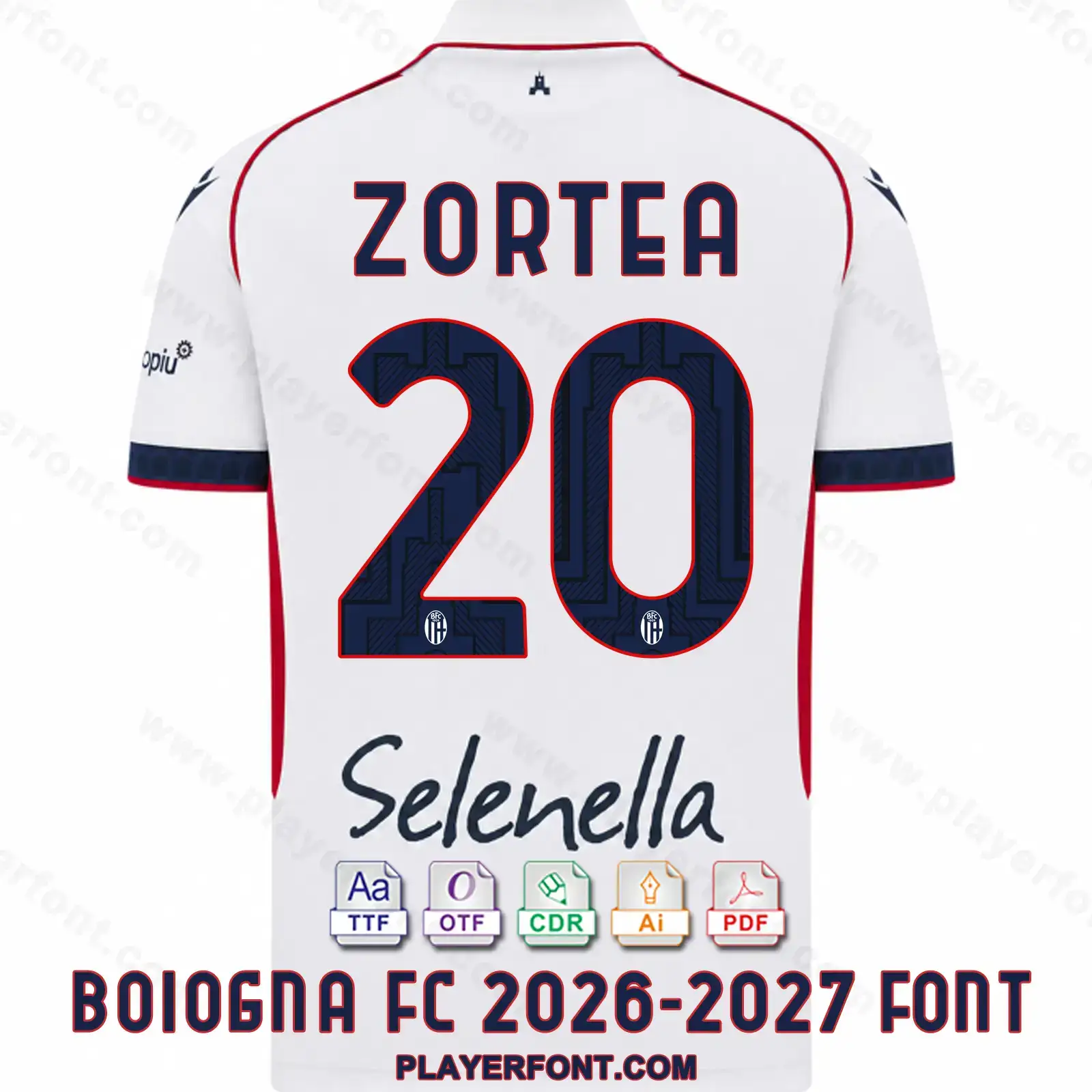 Bologna FC 2026-2027 away jersey back mockup showing ZORTEA name and dark navy number 20 vector font application on white shirt.