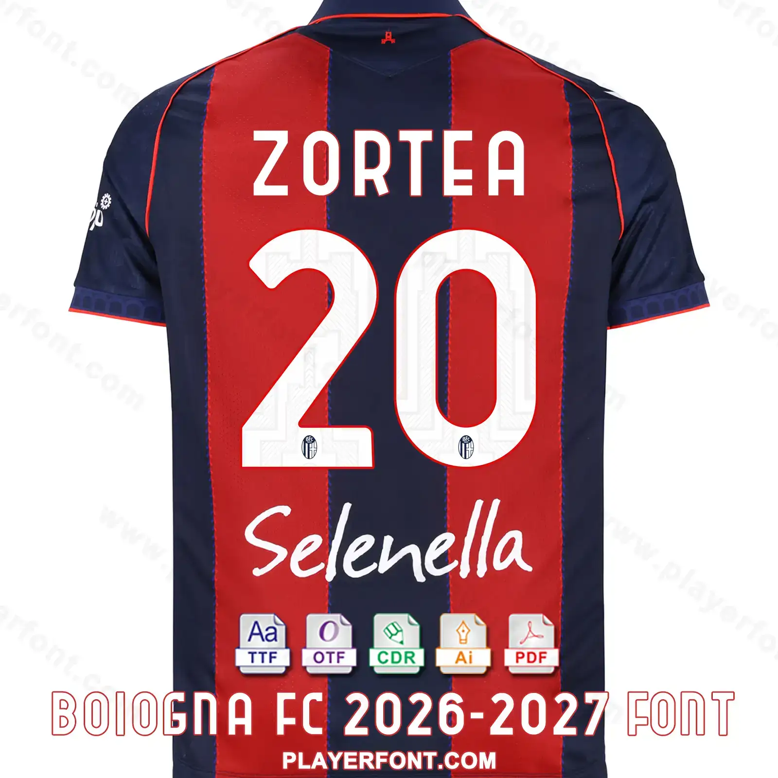 Bologna FC 2026-2027 home jersey back mockup showing ZORTEA name and number 20 vector font application over red and navy stripes.