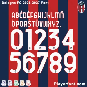 Bologna FC 2026-2027 font jersey numbers and alphabet presentation layout with TTF OTF AI CDR PDF formats by Playerfont over red and navy stripes.