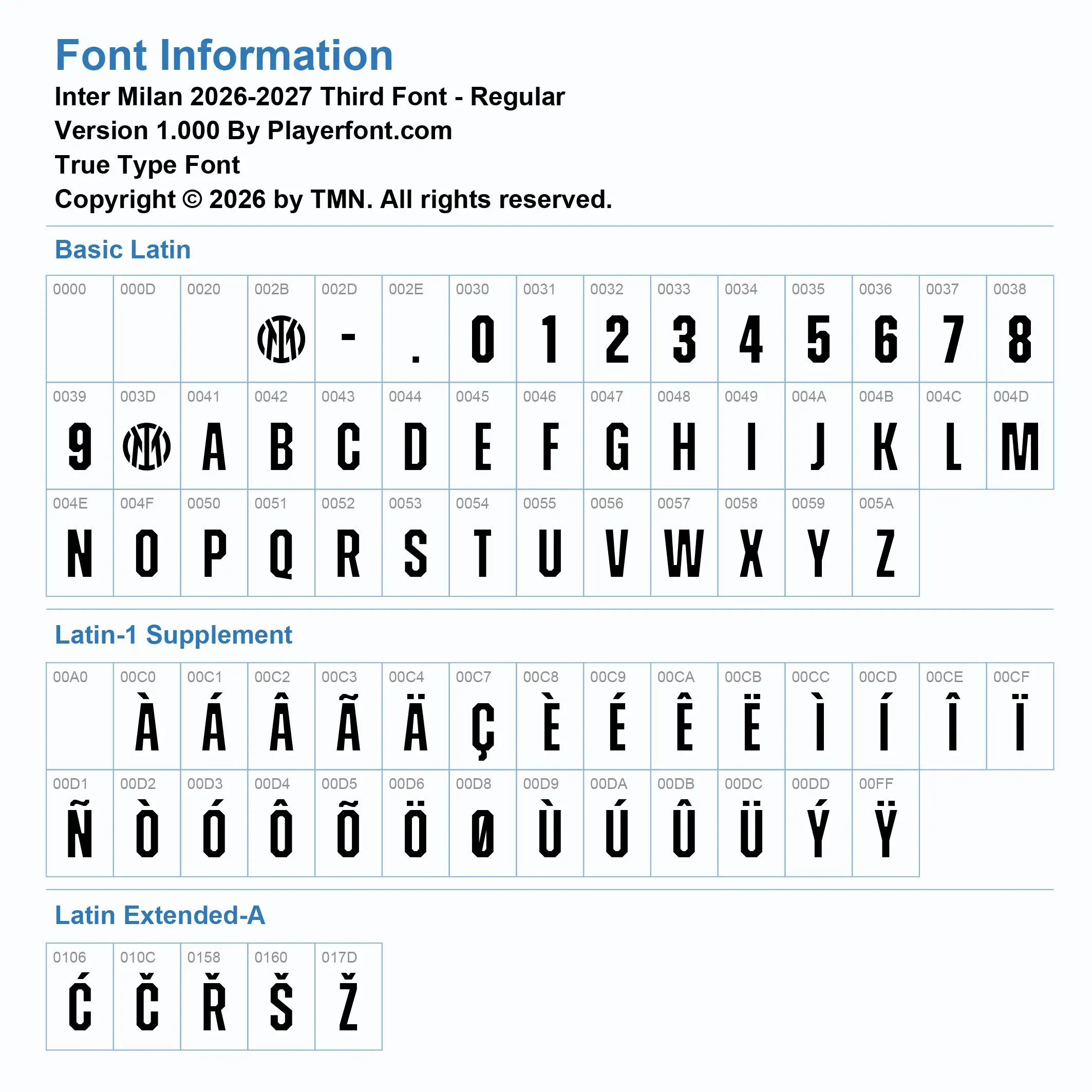 Inter Milan 2026-2027 UCL font Basic Latin, Latin-1 Supplement, and Latin Extended-A glyph map chart for TrueType Font by Playerfont.com.