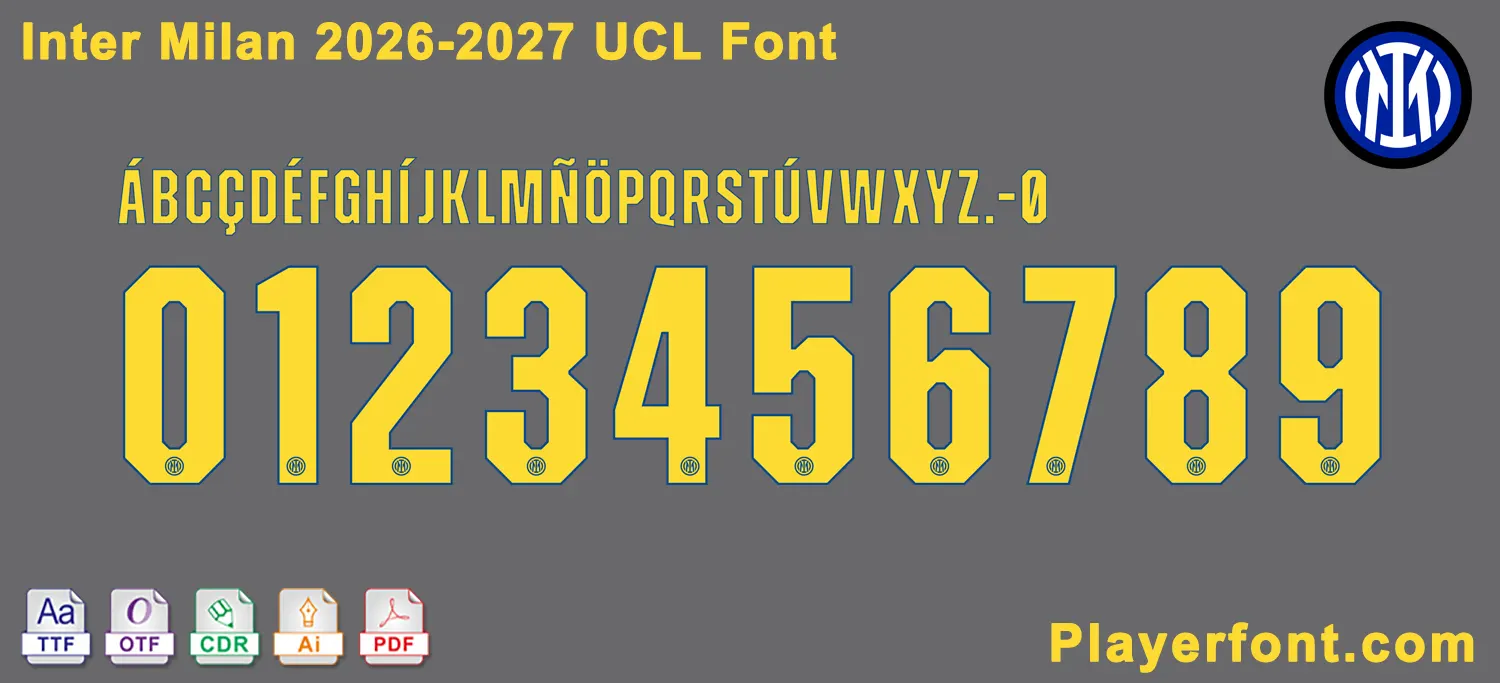 Horizontal vector template banner layout of Inter Milan 2026-2027 UCL font alphabet and numbers string over grey background.
