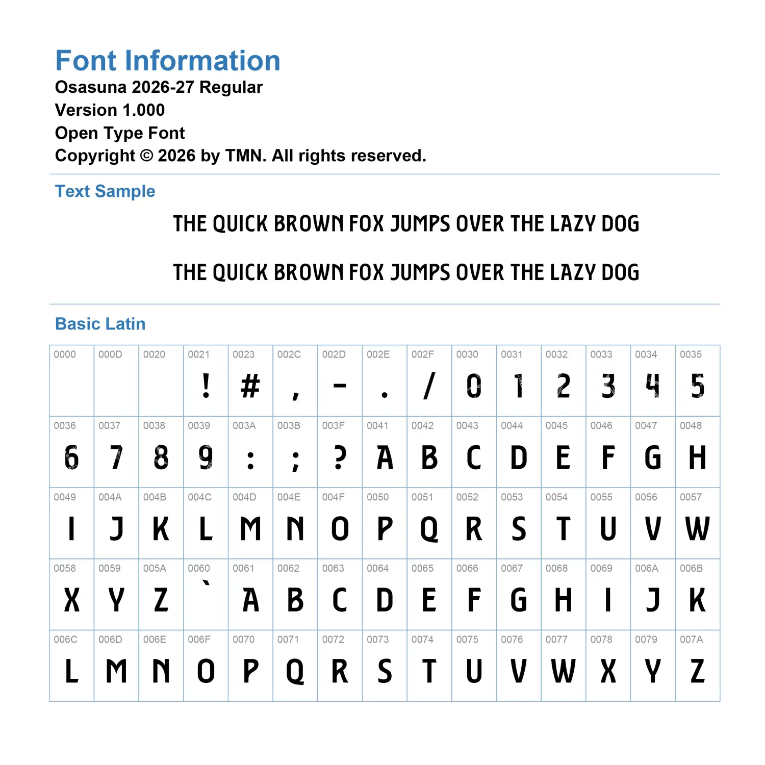 CA Osasuna 2026-2027 font Basic Latin glyph map chart for Open Type Font by Playerfont.com.