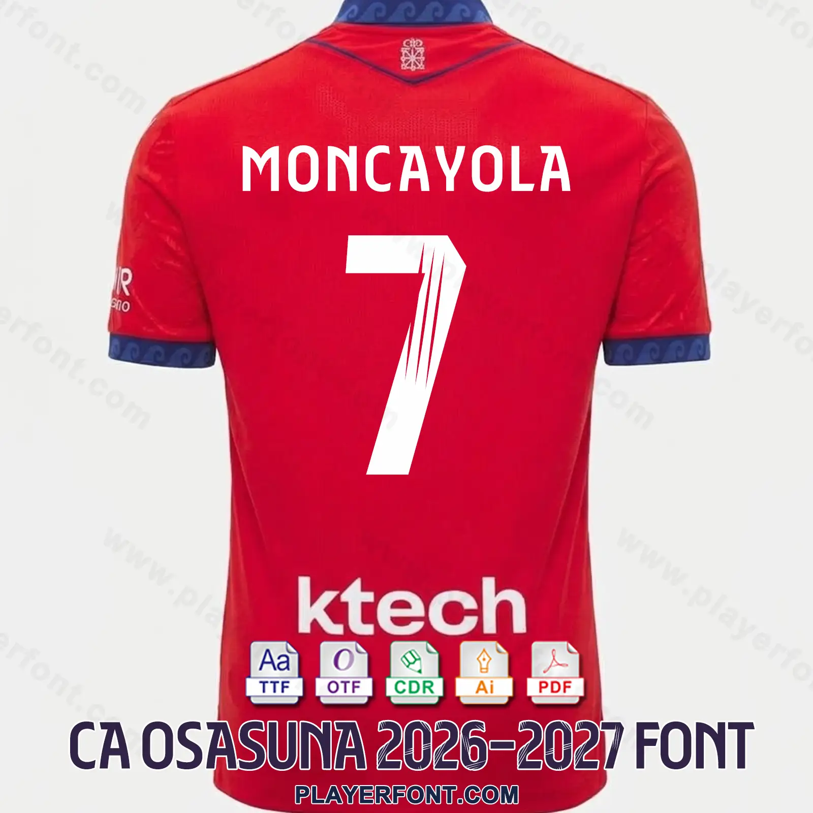 CA Osasuna 2026-2027 home shirt back mockup showing MONCAYOLA name and number 7 vector font application over red kit.
