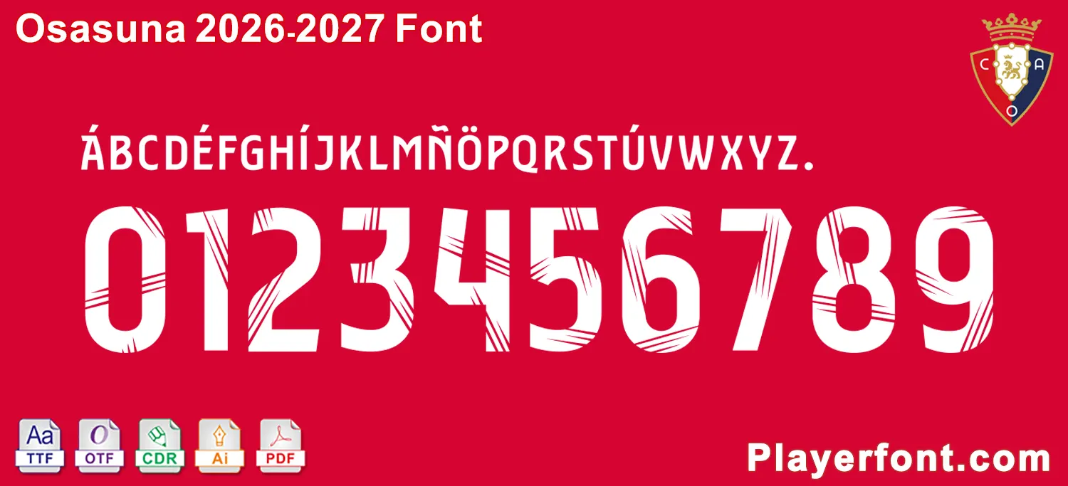 Horizontal vector template banner layout of CA Osasuna 2026-2027 font alphabet and numbers string over red background.