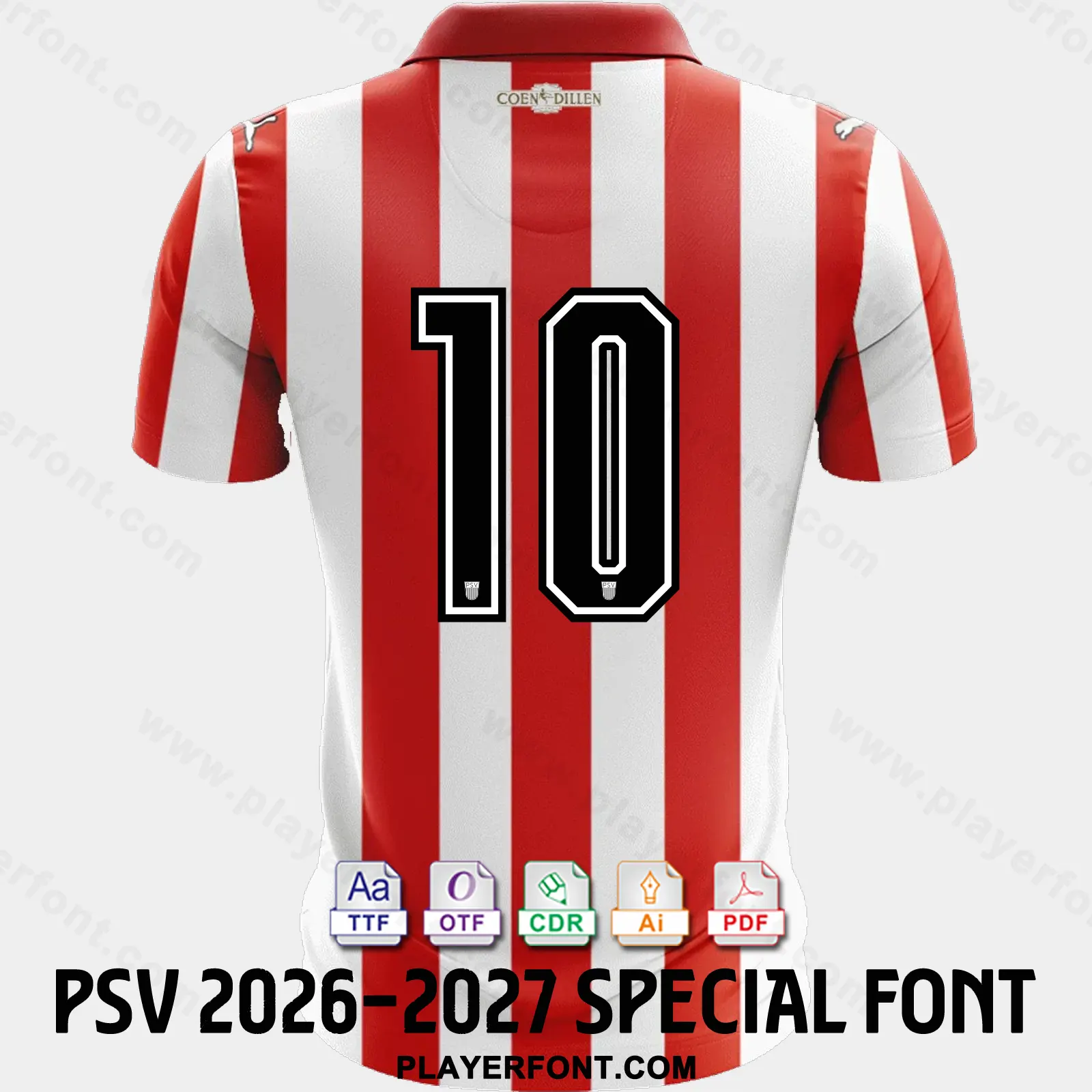 PSV Eindhoven 2026-2027 special edition shirt back mockup showing number 10 vector font application over red and white stripes.