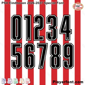 PSV Eindhoven 2026-2027 Special font jersey numbers presentation layout with TTF OTF AI CDR PDF formats by Playerfont over red and white stripes.