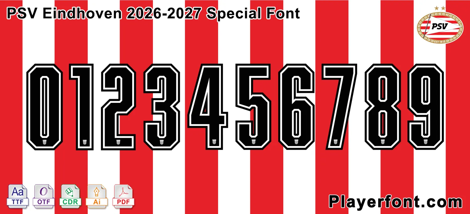 Horizontal vector template banner layout of PSV Eindhoven 2026-2027 special font numbers string over red and white stripes.